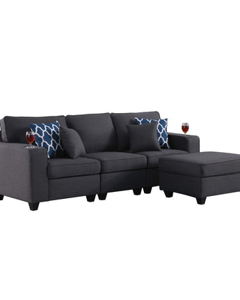 Cooper Dark Gray Linen Sofa with Ottoman and Cupholder