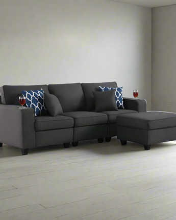 Cooper Dark Gray Linen Sofa with Ottoman and Cupholder