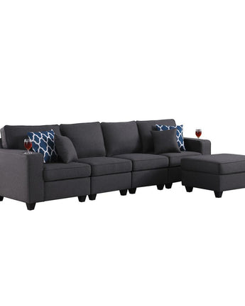 Cooper Dark Gray Linen 4-Seater Sofa with Ottoman and Cupholder