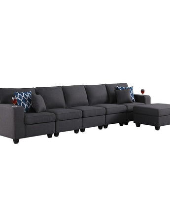 Cooper Dark Gray Linen 5-Seater Sofa with Ottoman and Cupholder