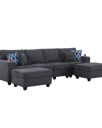 Cooper Stone Gray Woven Fabric 4-Seater Sofa with 2 Ottomans and Cupholder