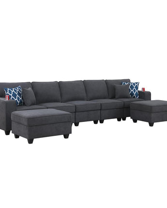 Cooper Stone Gray Woven Fabric 5-Seater Sofa with 2 Ottomans and Cupholder