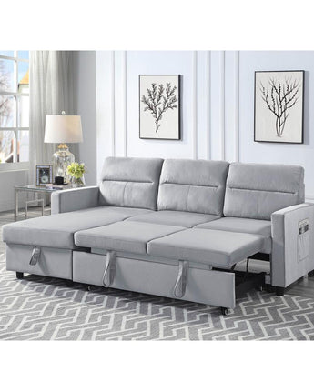 Ivy Light Gray Velvet Reversible Sleeper Sectional Sofa with Storage Chaise and Side Pocket