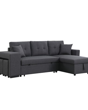 Dennis Dark Gray Linen Fabric Reversible Sleeper Sectional with Storage Chaise and 2 Stools