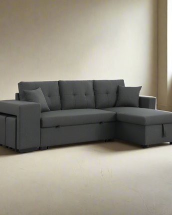 Dennis Dark Gray Linen Fabric Reversible Sleeper Sectional with Storage Chaise and 2 Stools