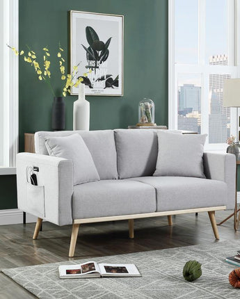 Easton Light Gray Linen Fabric Loveseat with USB Charging Ports Pockets & Pillows