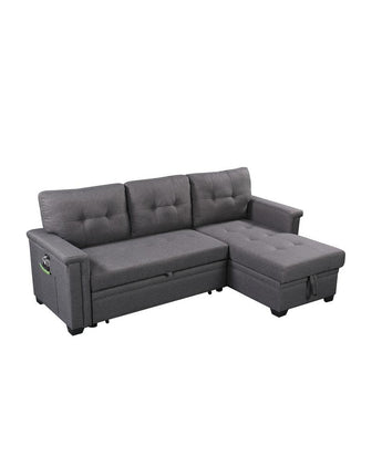 Nathan Dark Gray Reversible Sleeper Sectional Sofa with Storage Chaise, USB Charging Ports and Pocket