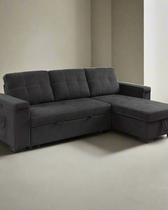 Woven Fabric Reversible Sleeper Sectional Sofa with Storage Chaise Cup Holder