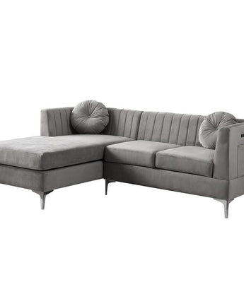 Chloe Gray Velvet Sectional Sofa Chaise with USB Charging Port