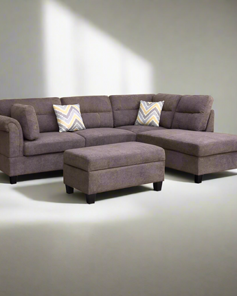 Dark Brown Sectional Sofa with Right Facing Chaise, Ottoman, and 2 Pillows