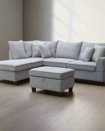 99.5"W Light Gray Fabric Sectional Sofa with Left-Facing Chaise Storage Ottoman