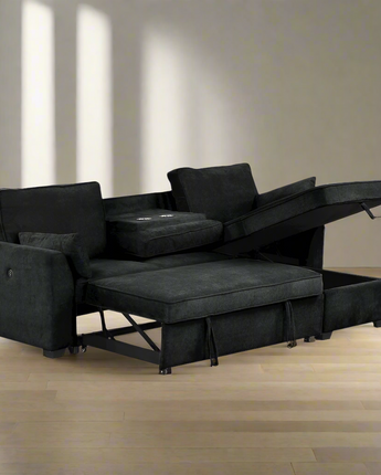 92"W Black Fabric Sleeper Sectional with Reversible Storage Chaise