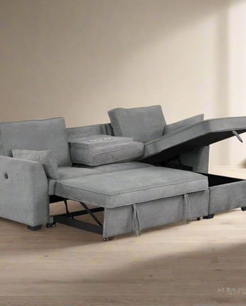 92"W Gray Fabric Sleeper Sectional with Reversible Storage Chaise