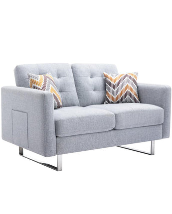 Victoria Light Gray Linen Fabric Loveseat with Metal Legs, Side Pockets, and Pillows