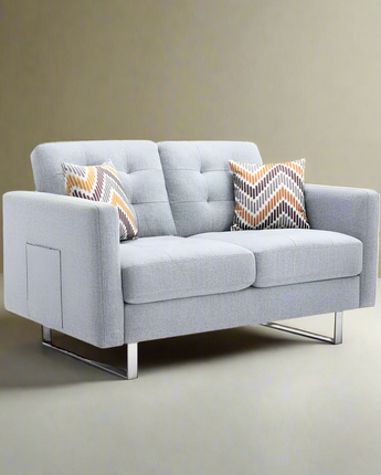 Victoria Light Gray Linen Fabric Loveseat with Metal Legs, Side Pockets, and Pillows