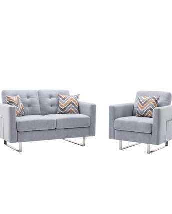 Victoria Light Gray Linen Fabric Loveseat Chair Living Room Set with Metal Legs, Side Pockets, and Pillows