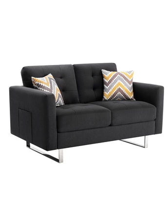 Victoria Dark Gray Linen Fabric Loveseat with Metal Legs, Side Pockets, and Pillows