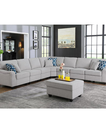 Leo Light Gray Linen 8Pc Modular L-Shape Sectional Sofa and Ottoman