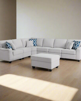 Leo Light Gray Linen 7Pc Modular L-Shape Sectional Sofa and Ottoman