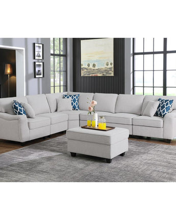 Leo Light Gray Linen 7Pc Modular L-Shape Sectional Sofa and Ottoman