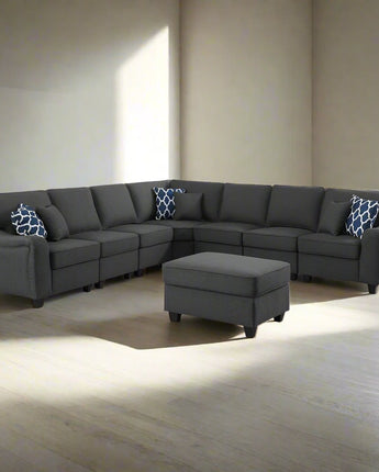 Leo Dark Gray Linen 8Pc Modular L-Shape Sectional Sofa and Ottoman