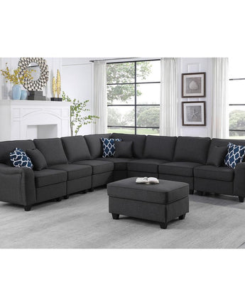 Leo Dark Gray Linen 8Pc Modular L-Shape Sectional Sofa and Ottoman