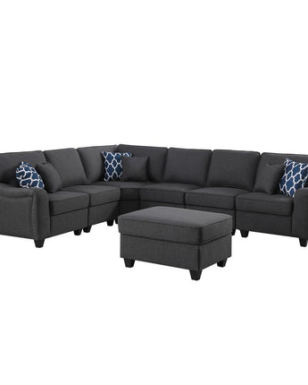 Leo Dark Gray Linen 7Pc Modular L-Shape Sectional Sofa and Ottoman