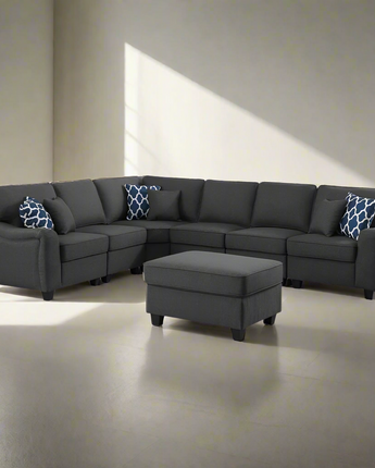 Leo Dark Gray Linen 7Pc Modular L-Shape Sectional Sofa and Ottoman