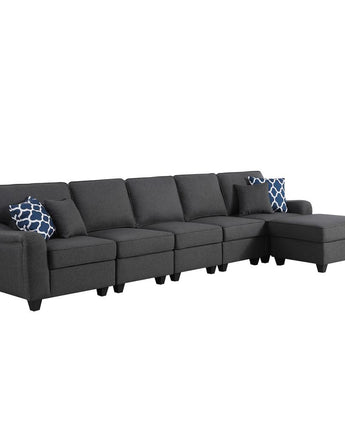 Leo Dark Gray Linen 6 Seater Sofa & Ottoman