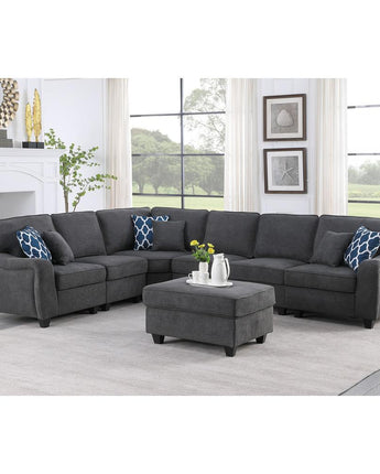 Leo Dark Gray Woven 7Pc Modular L-Shape Sectional Sofa and Ottoman