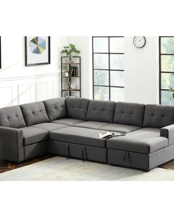 Selene Dark Gray Linen Fabric Sleeper Sectional Sofa with Storage Chaise