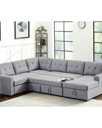 Selene Light Gray Linen Fabric Sleeper Sectional Sofa with Storage Chaise