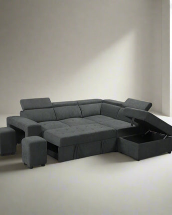 Henrik Dark Gray Sleeper Sectional Sofa with Storage Ottoman and 2 Stools