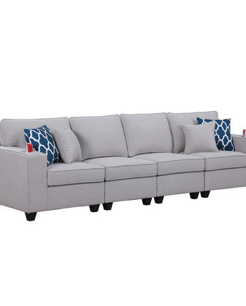 Cooper Light Gray Linen 4-Seater Sofa with Cupholder