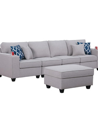 Cooper Light Gray Linen 4-Seater Sofa with Ottoman & Cupholder