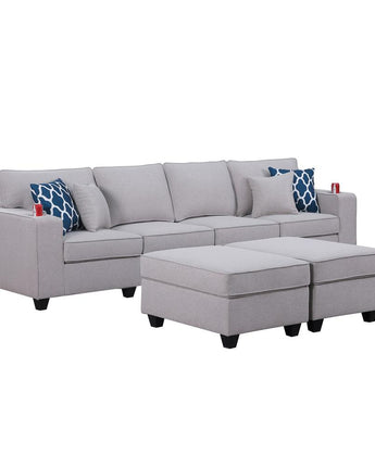 Cooper Light Gray Linen 4-Seater Sofa with 2 Ottomans & Cupholder