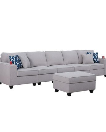 Cooper Light Gray Linen 5-Seater Sofa with Ottoman & Cupholder