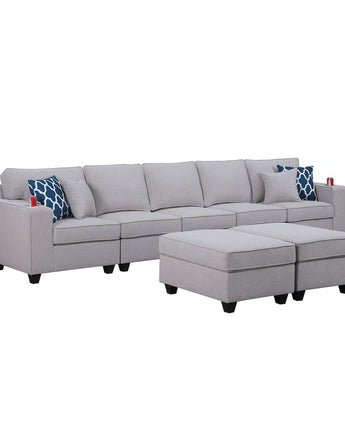 Cooper Light Gray Linen 5-Seater Sofa with 2 Ottomans & Cupholder