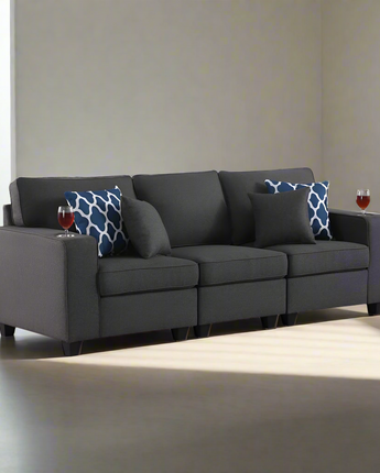 Cooper Dark Gray Linen Sofa with Cupholder