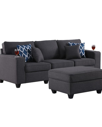 Cooper Dark Gray Linen Sofa with Ottoman & Cupholder