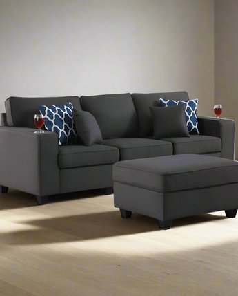 Cooper Dark Gray Linen Sofa with Ottoman & Cupholder