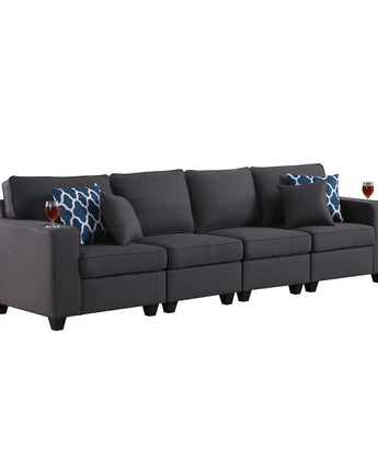 Cooper Dark Gray Linen 4-Seater Sofa with Cupholder