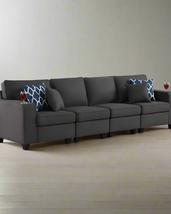 Cooper Dark Gray Linen 4-Seater Sofa with Cupholder