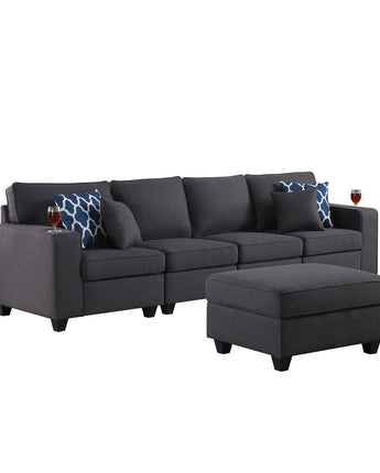 Cooper Dark Gray Linen 4-Seater Sofa with Ottoman & Cupholder