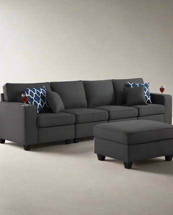 Cooper Dark Gray Linen 4-Seater Sofa with Ottoman & Cupholder