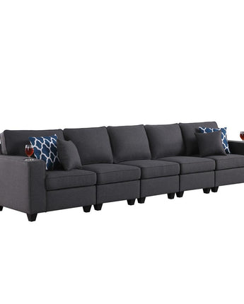 Cooper Dark Gray Linen 5-Seater Sofa with Cupholder