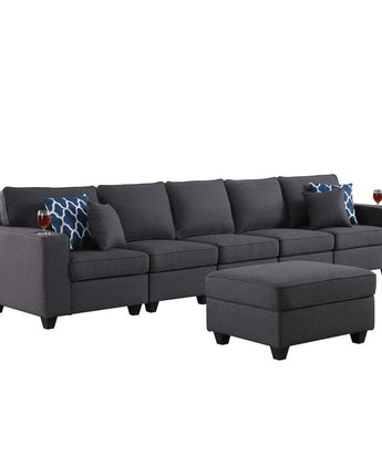 Cooper Dark Gray Linen 5-Seater Sofa with Ottoman & Cupholder