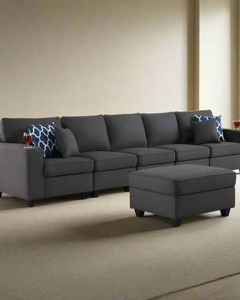 Cooper Dark Gray Linen 5-Seater Sofa with Ottoman & Cupholder