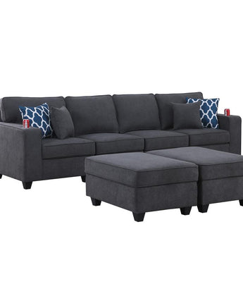 Cooper Stone Gray Woven Fabric 4-Seater Sofa with 2 Ottomans & Cupholder