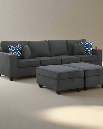 Cooper Stone Gray Woven Fabric 4-Seater Sofa with 2 Ottomans & Cupholder